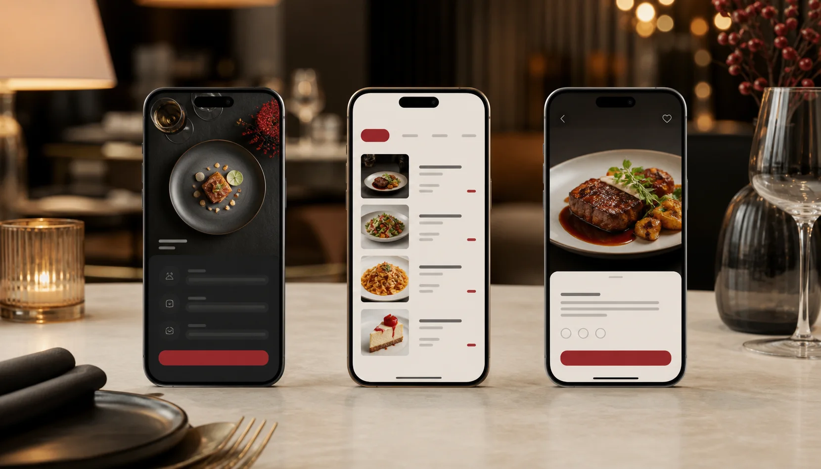 Three-step mobile QR menu journey from home to product detail