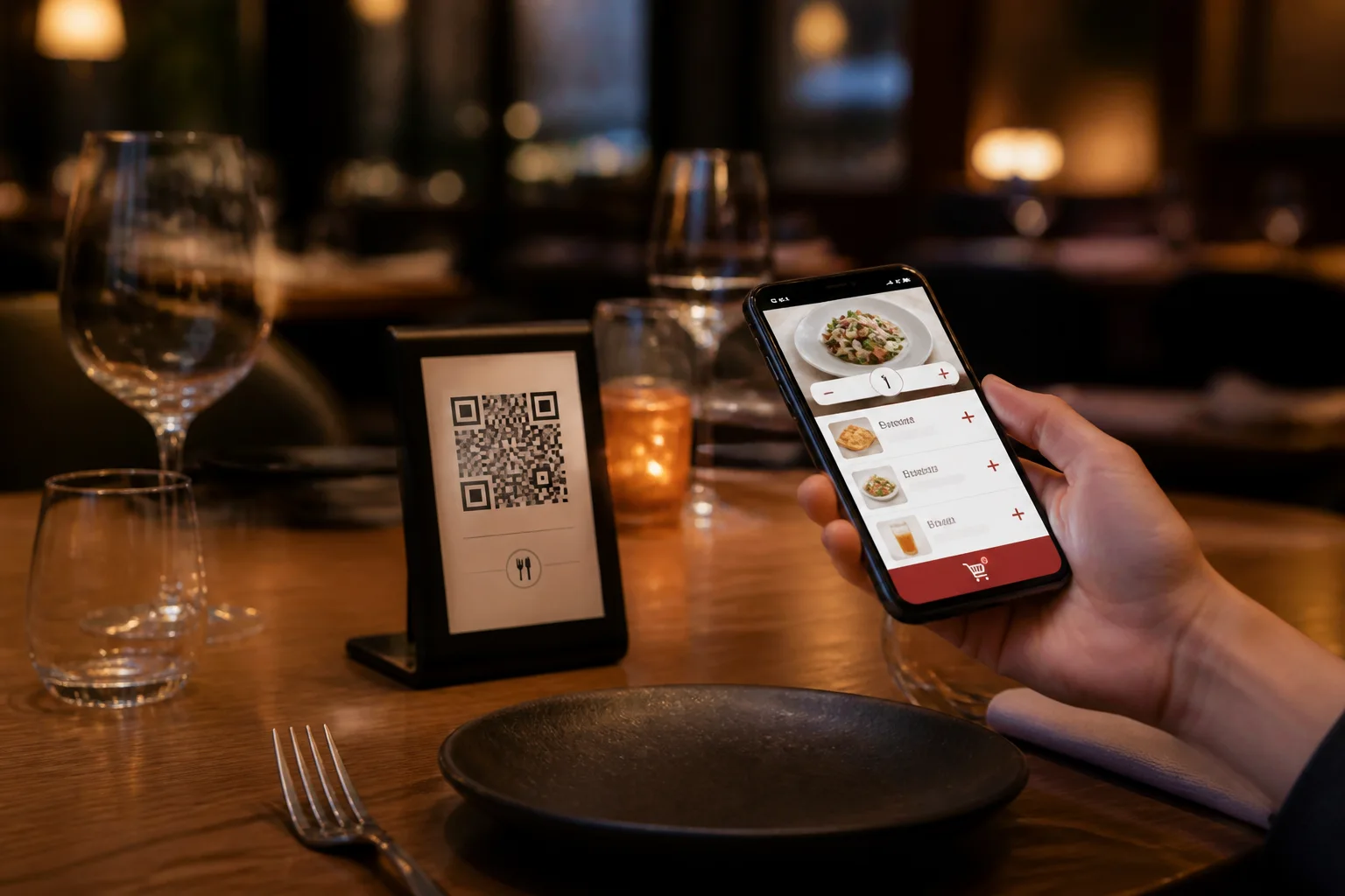 Guest ordering from a QR menu at a restaurant table