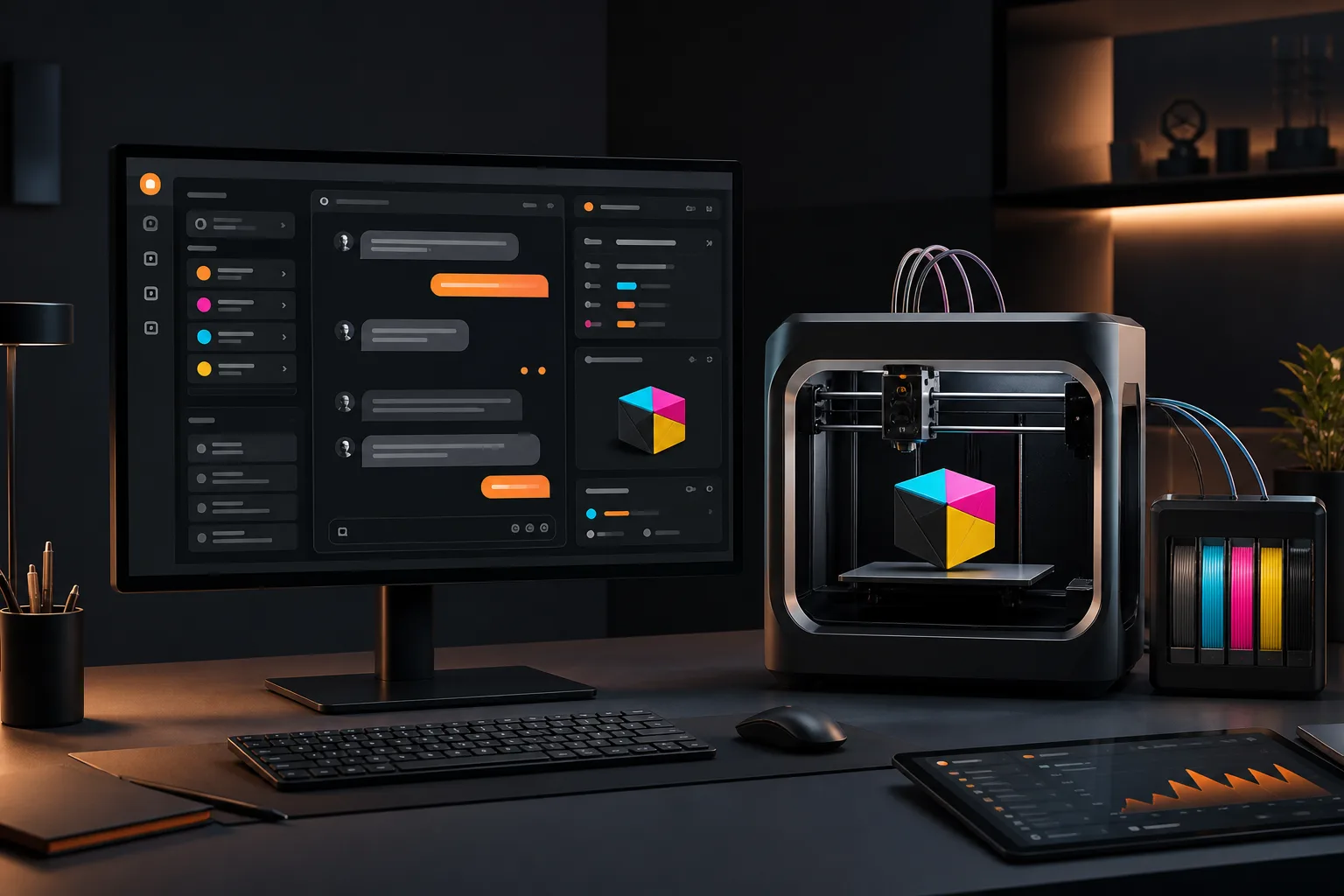 An AI support interface beside a four-colour 3D printer workspace